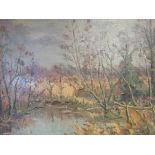 A gilt framed oil on board depicting marshland landscape, signed lower right,