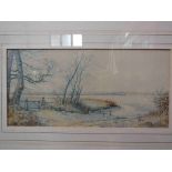 CHARLES HARMONY HARRISON: A framed and glazed watercolour depicting a waterside scene with figure