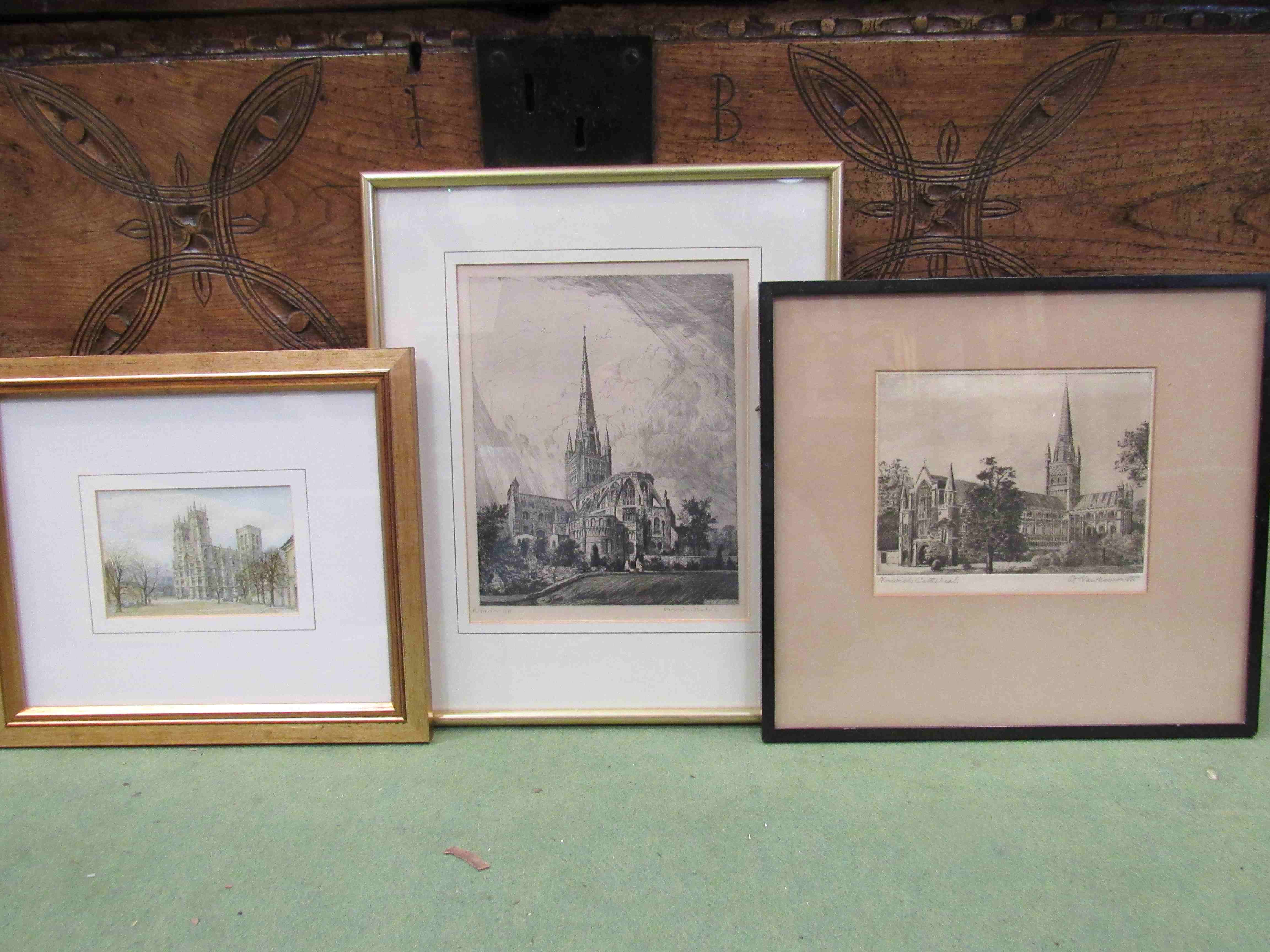 Two etchings depicting Norwich Cathedral including R.