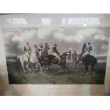 A coloured print "McQueen's Steeple Chasings: Restore at The Post", jockey scene, framed and glazed,