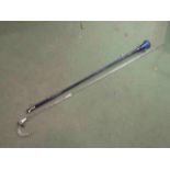 A glass walking cane with crooked end and a Bristol blue glass yard of ale glass,