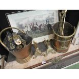 A brass coal scuttle, fire irons and companion tools,