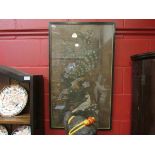 A painting on material of exotic birds, framed and glazed, a/f,