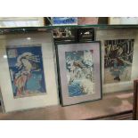 Three 19th Century Japanese woodblock prints including river crossing, Samurai warrior, some foxing,