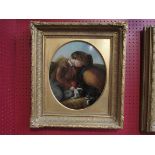 A Victorian English school painting depicting boy at rest with dog and bushel of corn, gilt frame,