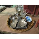 A bread basket containing glass jug, tankard, pewter fruit shape dishes, boxed Dansk photo frame,