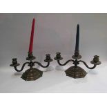 A pair of early 20th Century silverplate three sconce candlesticks with bead and swag detail,