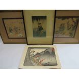 Five various Oriental prints and paintings including watercolour on silk of seated gentleman and