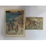Two 19th Century Japanese woodblock prints, one of exterior coastal landscape,