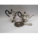 A silver covered handheld mirror and two EPNS pieces - tea pot and coffee pot (3)
