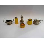 Two cruet sets including plated and yellow glass