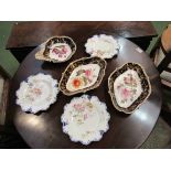Three Royal Crown Derby shaped floral patterned plates and three floral and gilt fruit plates
