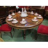 A Victorian rosewood tilt top circular dining table on foliate carved tripod base, 133cm diameter,
