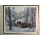 A limited edition print "The Observer" depicting fox in winter scene, after John Trickett, signed,