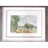 An unsigned watercolour of rural landscape, framed and glazed,