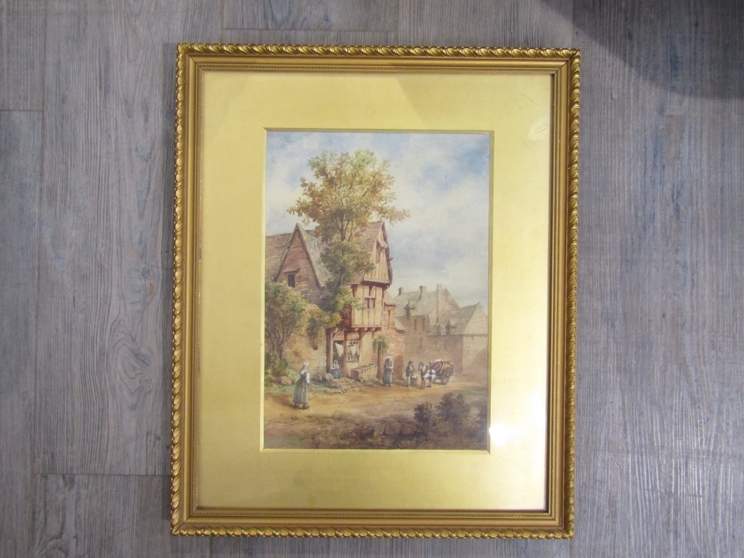 DAVID ROBERTS (1796-1864): A gilt framed and glazed watercolour, figures outside a cottage.