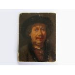 After Rembrandt : A 19thC oil on card portrait of Rembrandt wearing a fur hat and fur edged jacket.