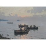 LUIGI CONCA (XX): A framed Continental oil on canvas depicting fishermen on small boats.