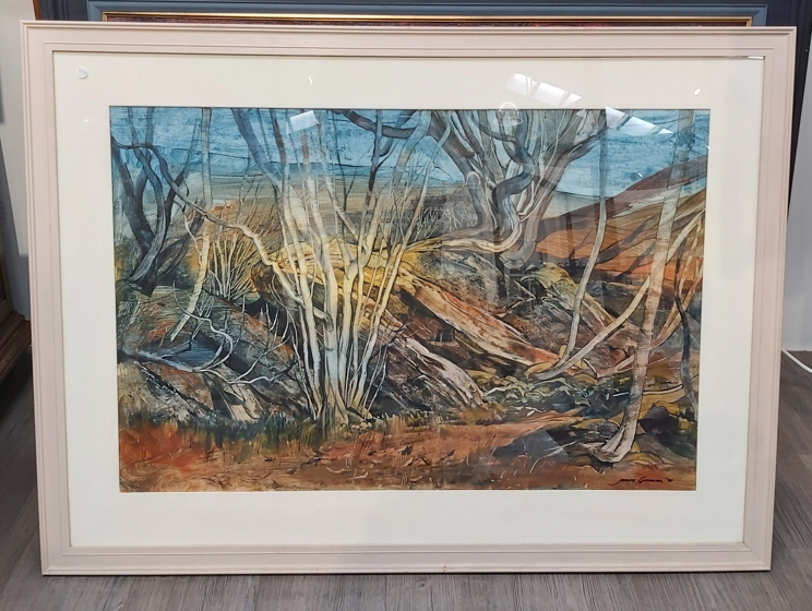 JAMES GORMAN (SCOTTISH 1931-2005) (ARR): A framed and glazed acrylic on paper titled "Alltbeag, - Image 3 of 5