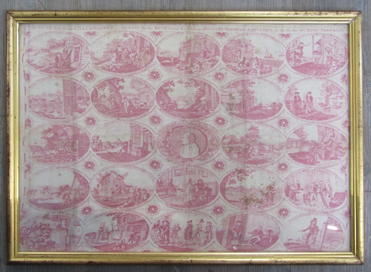 A framed and glazed linen panel "Bowles Moral Pictures, or Poor Richard Illustrated",