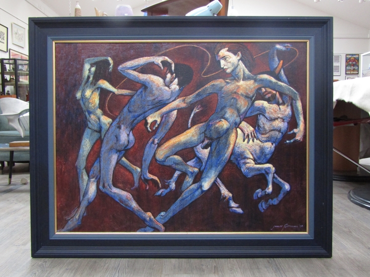 JAMES GORMAN (SCOTTISH 1931-2005) (ARR) A framed acrylic and oil on board titled 'Frantic Dance'.