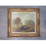 HENRY W CLAPTON (XIX/XX): A gilt framed oil on canvas, landscape with figures fly fishing,