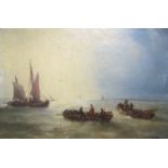 A 19th Century oil on canvas, rowing and sailboats in calm sea, monogrammed bottom right,