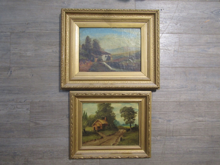 JAMES ISIAH LEWIS (1861-1934): Two ornate gilt framed oils, one on canvas of a watermill scene.