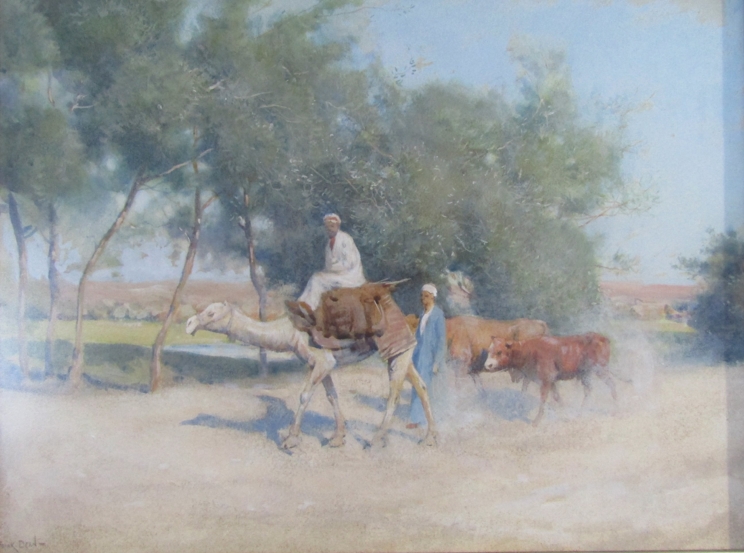 FRANK DEAN (1865-1947): A framed and glazed watercolour, figures with camel and cattle.