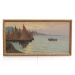 LUIGI CONCA (XX): A gilt framed Continental oil on canvas depicting coastal scene with boats and