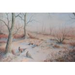 SIMON TRINDER (b.1958) A gilt framed watercolour, Pheasants in snow watching a fox.