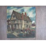 JAMES GOVIER (1910-1974) : An unframed Oil on board depicting a scene of Diss Market Place, Norfolk.