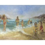 A. CHAUDURI (XX): A framed and glazed acrylic on board, figures on a beach. Signed bottom right.