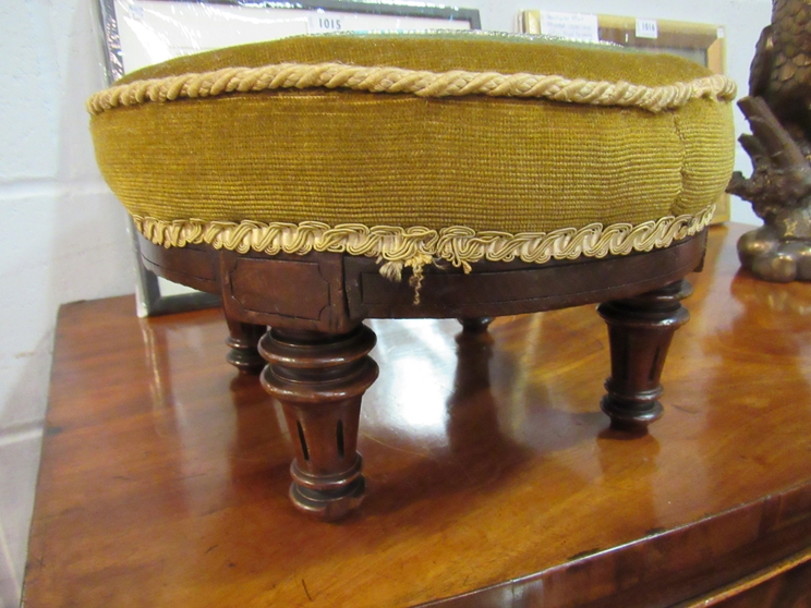 A Victorian walnut circular footstool with floral beadwork upholstery on turned and reeded feet, - Image 3 of 3