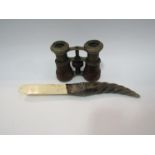 A pair of opera glasses and a horn and ivory paperknife with silver ferrule
