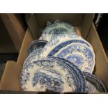 A box of blue and white tablewares mainly Johnson Bros coaching scenes