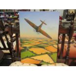 MARK WILSON (20th C): An oil on canvas depicting Spitfire flying low over English countryside, 69.