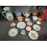 A box containing assorted china wares including a floral design jug, Oriental blue and white teapot,