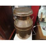 A copper 5 gallon twin handle Trowbridge Creameries lidded milk churn