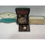A jewellery box with contents including faux pearls, fob watch, studs,