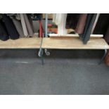 A three plank bench on metal leg frame,