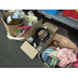 Three boxes of miscellaneous including ceramics, jelly mould, dominoes,