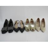 Four pairs of shoes, Marshall & Snelgrove black patent sling-backs, Rayne beige courts,