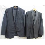 Two gent's black tuxedo jackets with matching trousers (2)