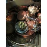 A box of mixed copper and brass ware including a plant pot holder, hot water bottles, an iron,