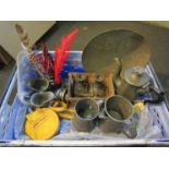 A box containing assorted pewter and metal wares including pint mugs, coffee pot,