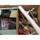 Two boxes of militaria and miscellaneous including leather sword frog,