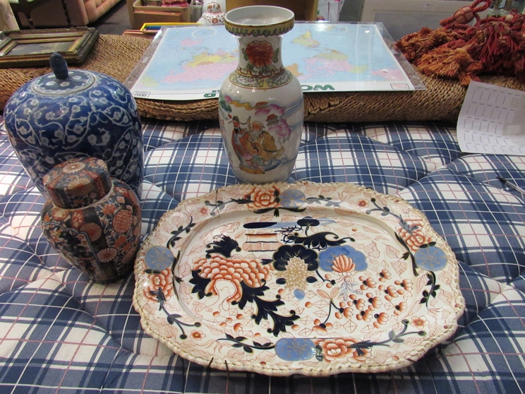 A large platter a/f, a modern Eastern vase and a large lidded jar a/f etc.
