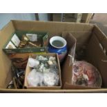 A box containing miscellaneous items including drinking glasses, metal wares and a vase etc.