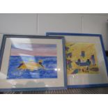 GRENE GEORGE: A "Yellow Hat Tribe" watercolour depicting three figures at sea,